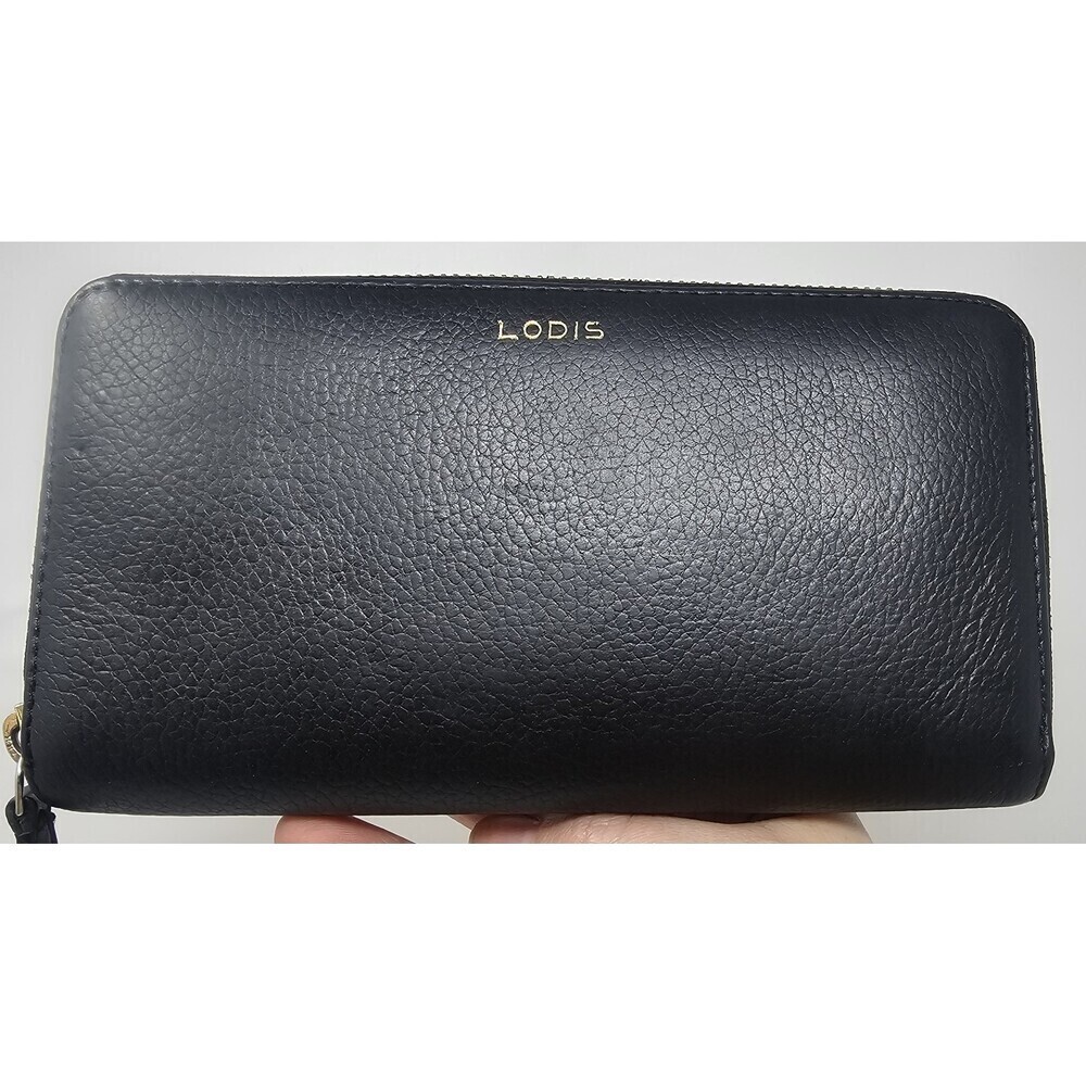 Lodis Black Pebbled Leather Zip Around Clutch Organizer Wallet Credit Card